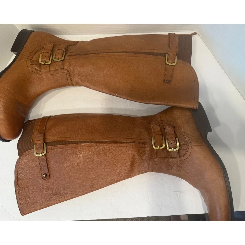 Naturalizer Cognac Brown Leather Buckle Tall Knee High Wide Calf Riding Boots 10